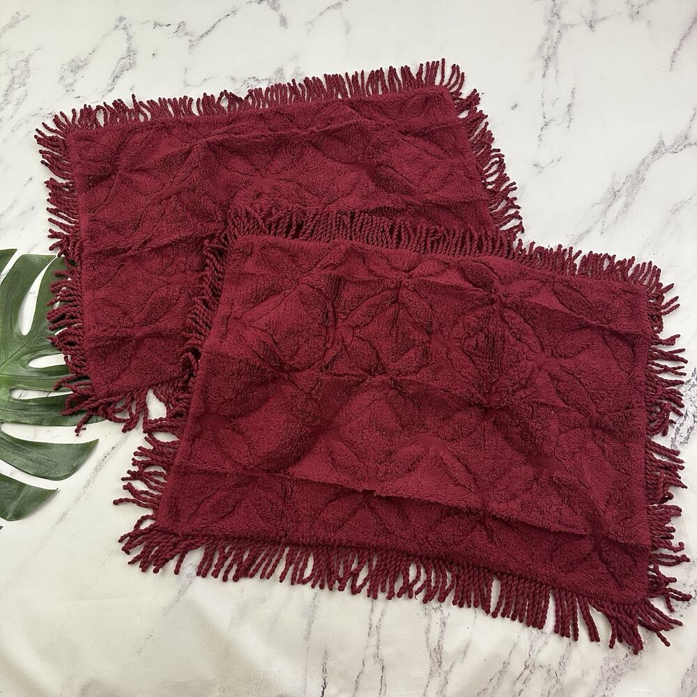 Colony Victoria Chenille Sham Pillow Covers Set of 2 New Red Floral Fringe Burg